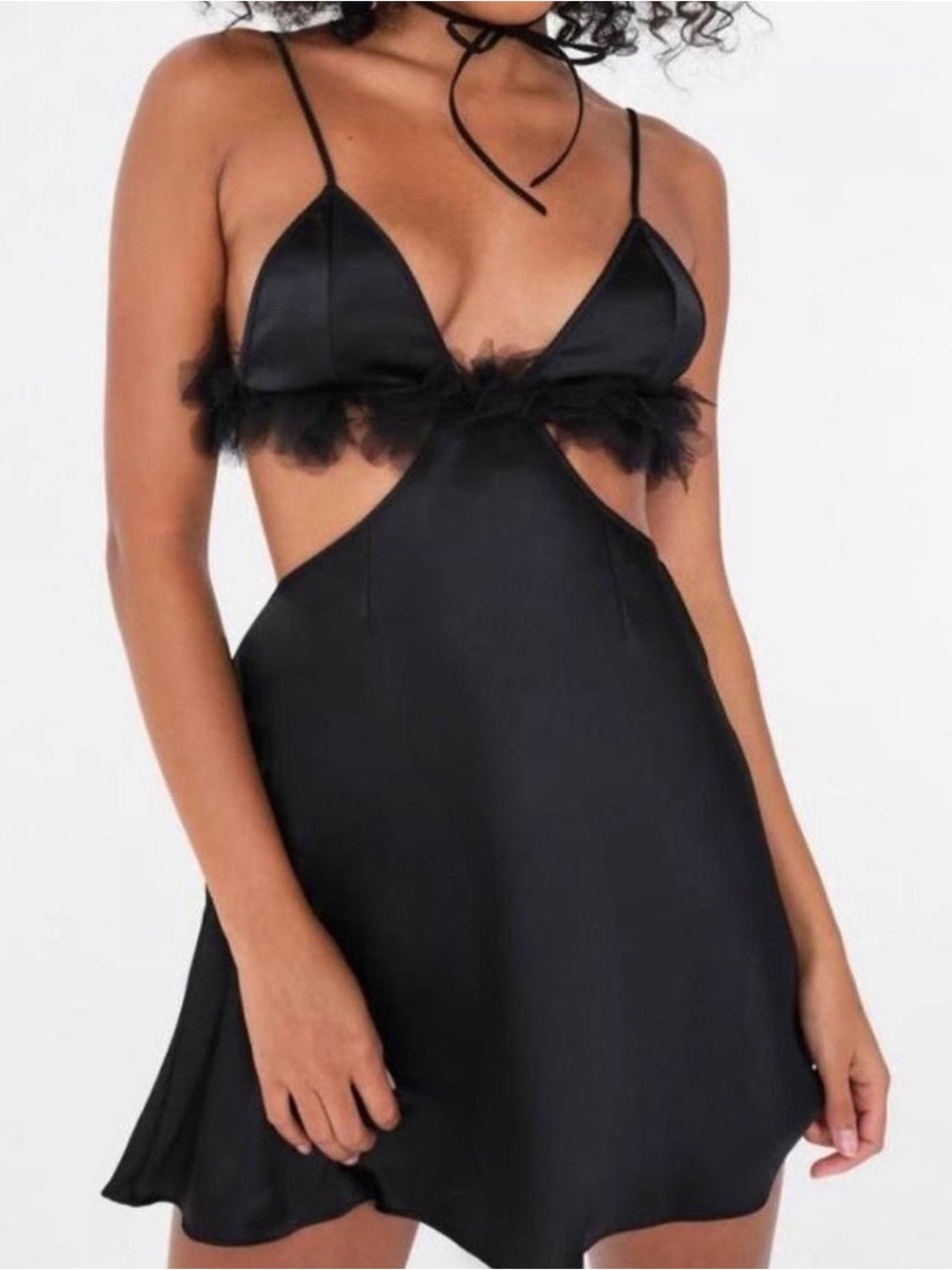 For Love And Lemons Black Satin Mini Dress with Feather Trim